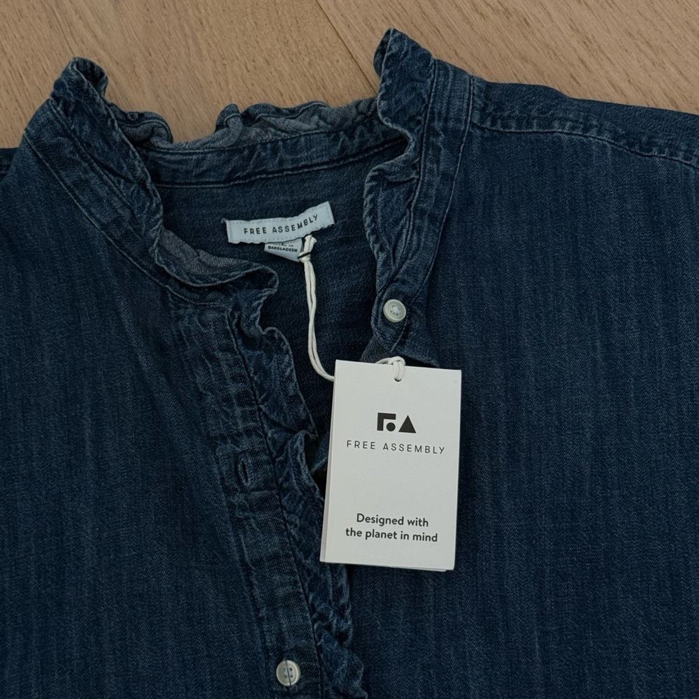 Free Assembly Denim Ruffle Button-Up Blouse - Picture 2 of 5